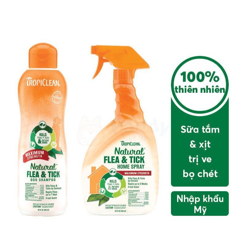 Sữa Tắm & Xịt Trị Ve, Bọ Chét Cho Chó Tropiclean Natural Flea & Tick (Mỹ)