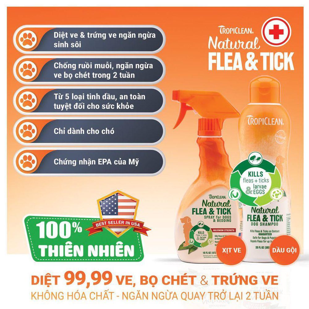 Sữa Tắm & Xịt Trị Ve, Bọ Chét Cho Chó Mèo Tropiclean Natural Flea & Tick (Mỹ) - Paddy Pet Shop